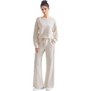 SUUKSESS Women Modal Fall 2 piece outfits Oversized Sweatshirt Wide Leg Pants (Large, Apricot)