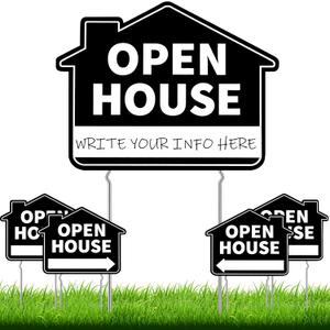 Queekay 5 Pack Black Open House Yard Signs with Metal Stakes for Real Estate 16" x 12" Large Black Double Sided Weather Proof Open House Signs with Directional Arrows Real Estate Agent Supplies