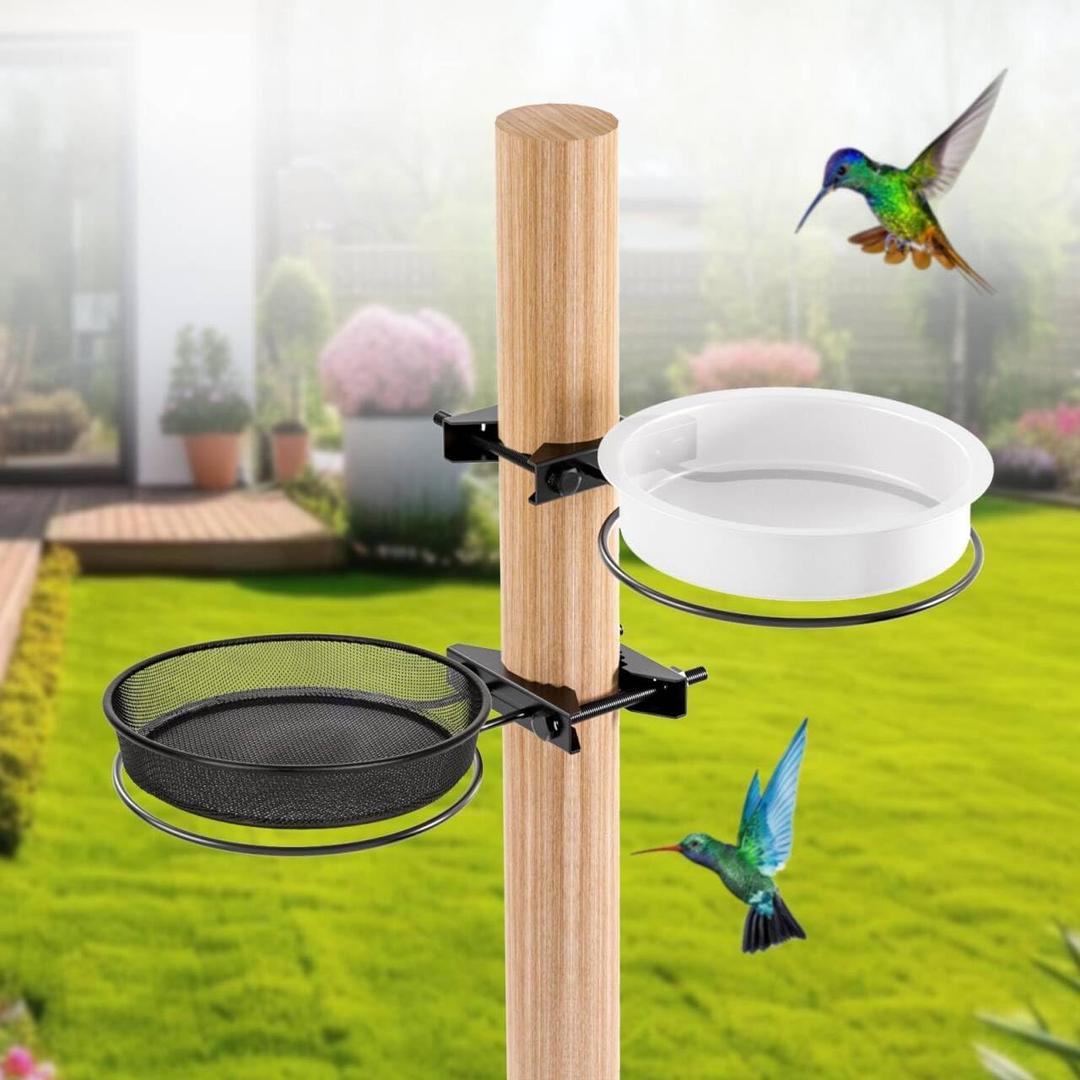 Bird Feeder for Railing Pole, Bird Feeding Station with Metal Mesh Food Tray and Water Bowls Adjustable 2.7" Pole Hummingbird Feeders for Outside Birdbaths Birdfeeder Fences Deck