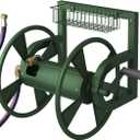 Outdoor Garden Hose Reel Wall Mount, Heavy-Duty Water Hose Holder Winder with 3.9 ft Leader Hose, Brass Fitting and Storage Basket for Yard, Holds 125 Feet of 5/8-Inch Hose, Green