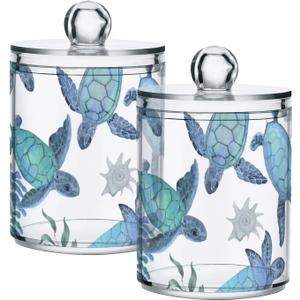 ALAZA Bathroom Canister Set of 2, Beach Coastal Turtles Plastic Jars Holder Dispense Qtip Holder Storage Jars with Lids, Home Decor