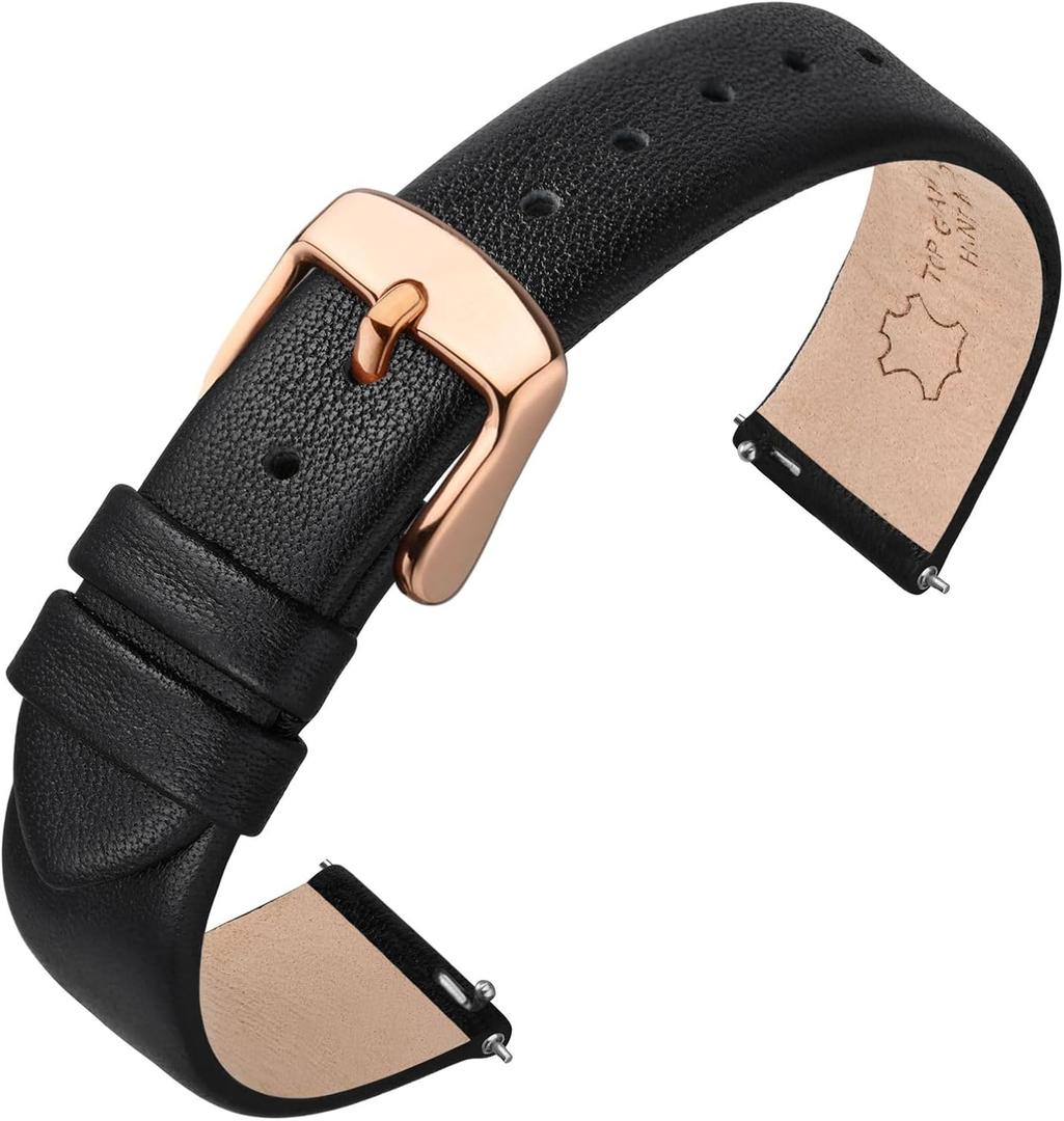 ANNEFIT Watch Bands for Men Women, Top Grain Leather Watch Strap with Quick Release, Band Width 20mm  (Black/Rose Gold Buckle)