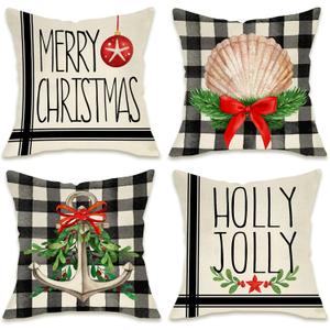 4 x Fahrendom Merry Christmas Nautical Decorative Throw Pillow Covers 18 x 18 Set of 4, Beach Coastal Xmas Shell Anchor Holly Jolly Pillowcase, Winter Holiday Buffalo Plaid Couch Cushion Case Home Decor