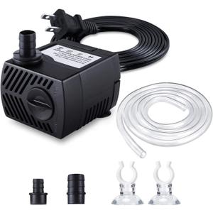Fountain Pump, 80GPH(4W 300L/H) Submersible Water Pump, Durable Outdoor Fountain Water Pump with 4.9ft Tubing (ID x 1/3-Inch), 3 Nozzles for Aquarium, Pond, Fish Tank, Water Pump Hydroponics