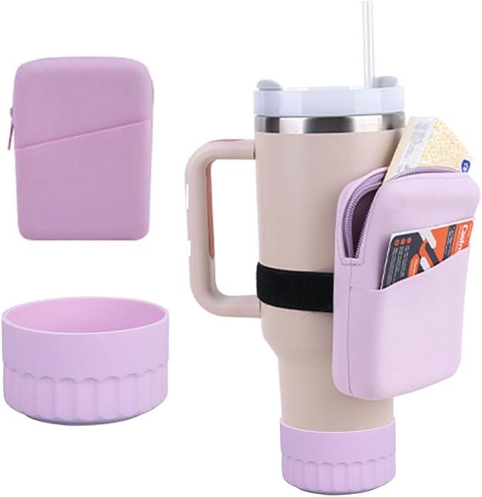 Water Bottle Silicone Pouch + Protective Silicone Boot, Universal Fit for 20/30/40 oz, Adjustable Strap with Large Capacity, Purple