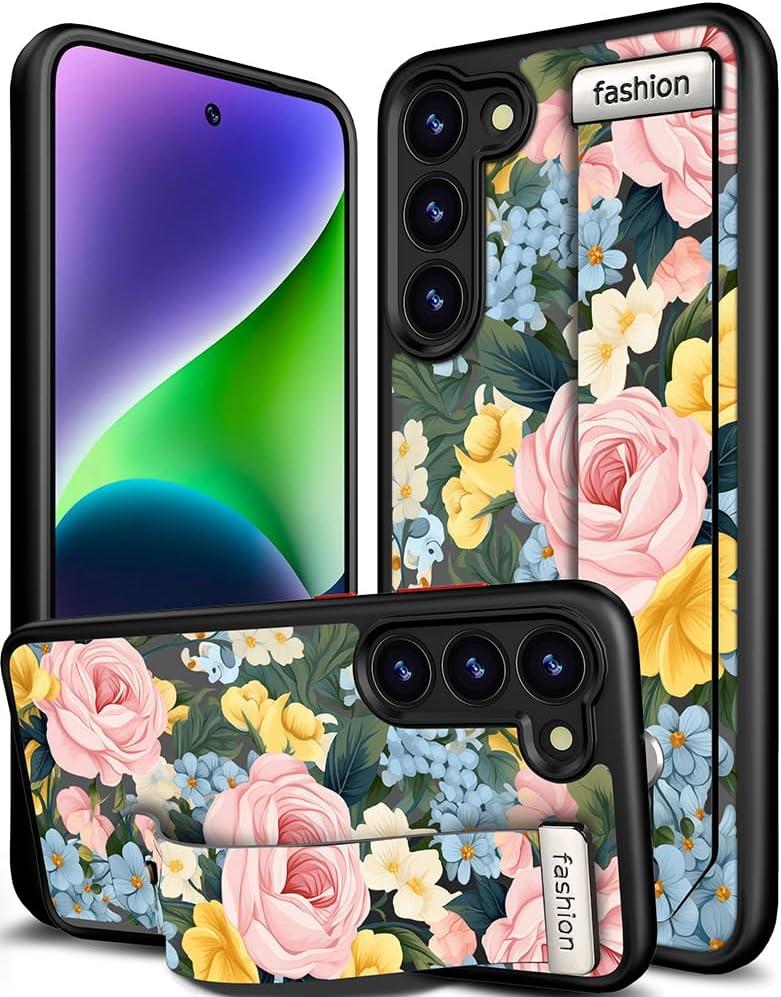 Compatible for Samsung Galaxy S25 Case Cute with Strap Stand Finger Kickstand, Designer Cool Silicone Cases Funda Cover - Blue Flowers Pale Rose