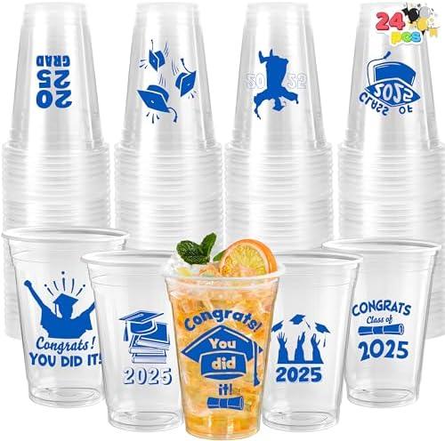JOYIN 24 Pcs 16OZ Graduation Party Plastic Cups (Blue), 24 Designs Disposable Cups for Class of 2025 Graduates, Tableware Bulk for High School College Graduation School Grad Party Supply Decor