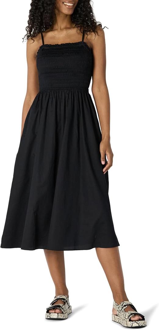 Amazon Essentials Womens Regular-Fit Cotton Sateen Smocked Bodice Midi Dress (Large, Black)