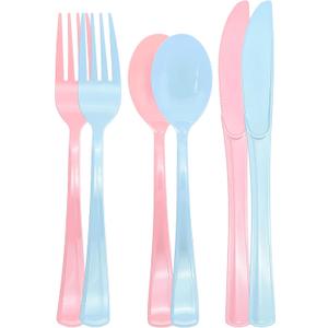 300 PCS Pink and Blue Silverware Heavy Duty 150 Pink Plastic Silverware and 150 Blue Plastic Cutlery Sets- 100 Forks 100 Knives 100 Spoons for Birthday, Baby Shower, Gender Reveal