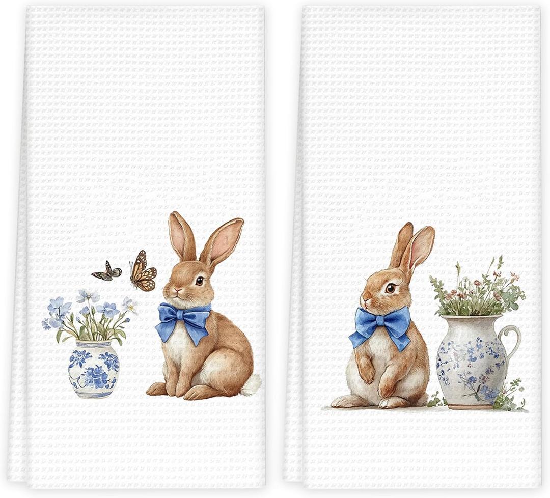 Easter Bunny Floral Kitchen Towels, Rustic Farmhouse Dish Towel for Kitchen, Bunny Gifts for Women Tea Towels, Cottagecore Botanical Easter Rabbit Hand Towel for Bathroom, 16x24 Inch Set of 2