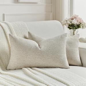 FUTEI Pack of 2 Chenille Decorative Throw Pillow Covers 12x20 Inch,Soft Cozy Faux Linen Textured Lumbar Pillow Cases,Farmhouse Home Decor for Couch Living Room,Natural Linen