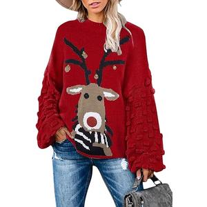 Sovoyontee Women's Cute Funny Ugly Christmas Sweater Puff Sleeve Snowflake Reindeer Holiday Oversized Knit Pullover M