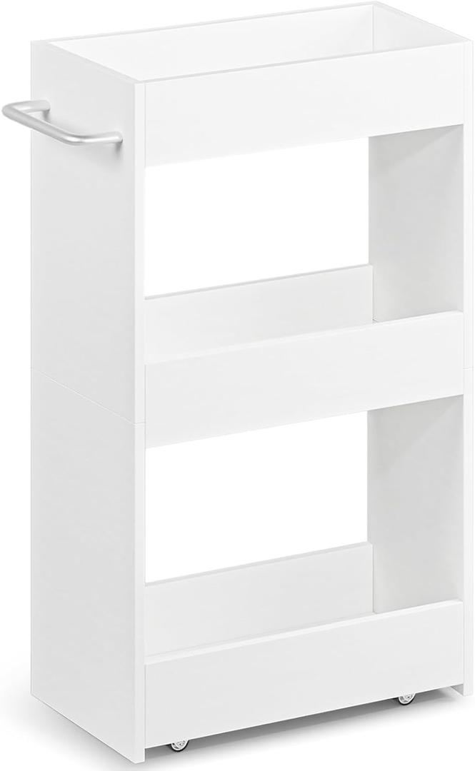 MARTY Wood Rolling Storage Cart 7.9" W, 3 Tier White Slim Utility Kitchen Cart on Wheels Laundry Room Bathroom Organizers Narrow Shelves with Handle Mobile Shelving Unit for Small Places