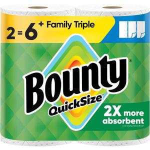 Bounty Paper Towels Quick Size, White, 2 Family Triple Rolls = 6+ Regular Rolls