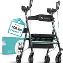 Helavo Extra Wide 28.3" Bariatric Upright Walker for Seniors, 500 lbs Capacity with 8 Flat-Free Solid Rubber Tires, Height Adjustable Stand Up Walker with Seat, All Terrain Heavy Duty Rollator