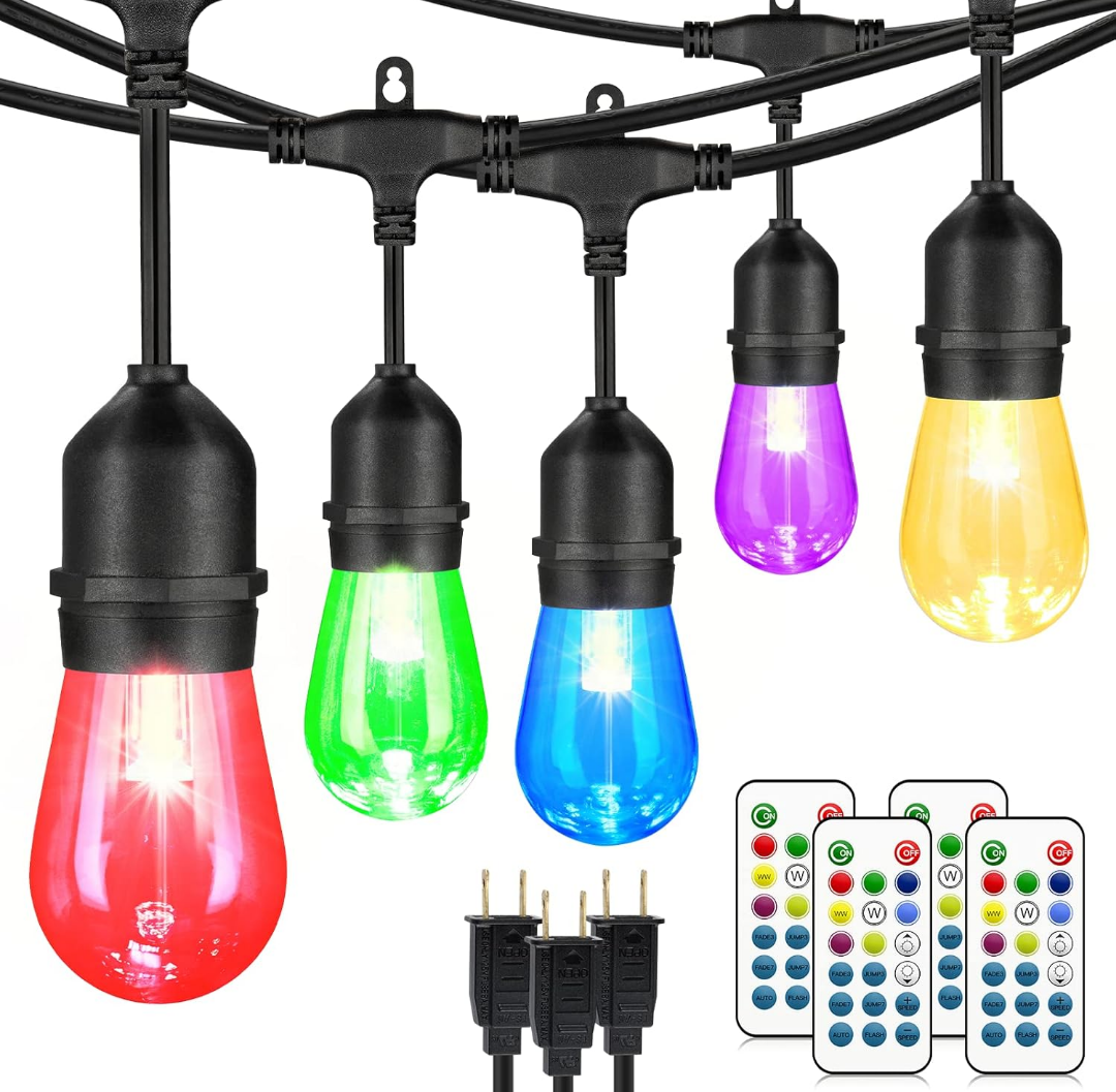 Mlambert 144Ft(3x48ft) Multicolor Outdoor Patio Lights, Dimmable RGB Cafe String Lights with 45+6 Waterproof LED Bulbs for Garden Bistro-Black 3 Pack