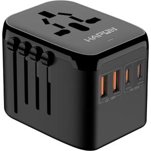 Universal Travel Adapter, PD20W International Power Adapter, 2 USB-C & 2 USB-A Fast Charging Travel Charger, All in One Worldwide Travel Plug Adapter, Outlet Adapter for Europe EU UK USA AU