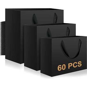 Lincia 60 Pcs Black Paper Bags with Handles, Assorted Sizes Large 11", Medium 8", Small 7" Black Gift Bags Bulk for Retail, Party, Birthday, Gift, Shopping, Business, Merchandise