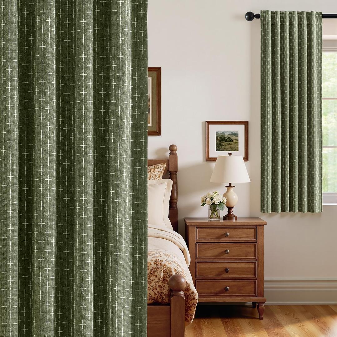 MIULEE 100% Blackout Decorative Linen Curtains with Geometric Pattern, Thick Woven Farmhouse Rustic Patterned Drapes with Back Tab for Bedroom and Living Room, Olive Green, 52 x 63 Inches, 2 Panels