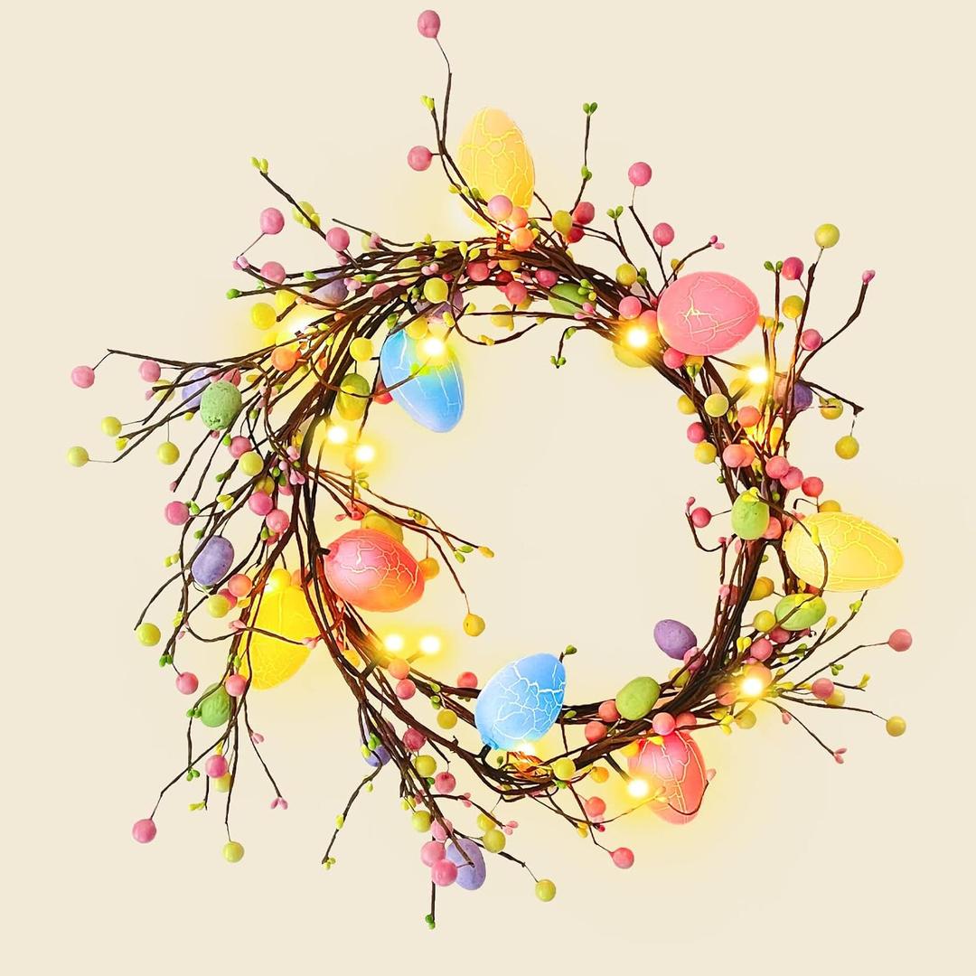 Easter Garland Faux Spring Vine led Egg Light Rattan for Mantle Artificial Egg Garland with Colored Berry for Arch Home Spring Holiday Parties Mantle Fireplace Indoor Decor