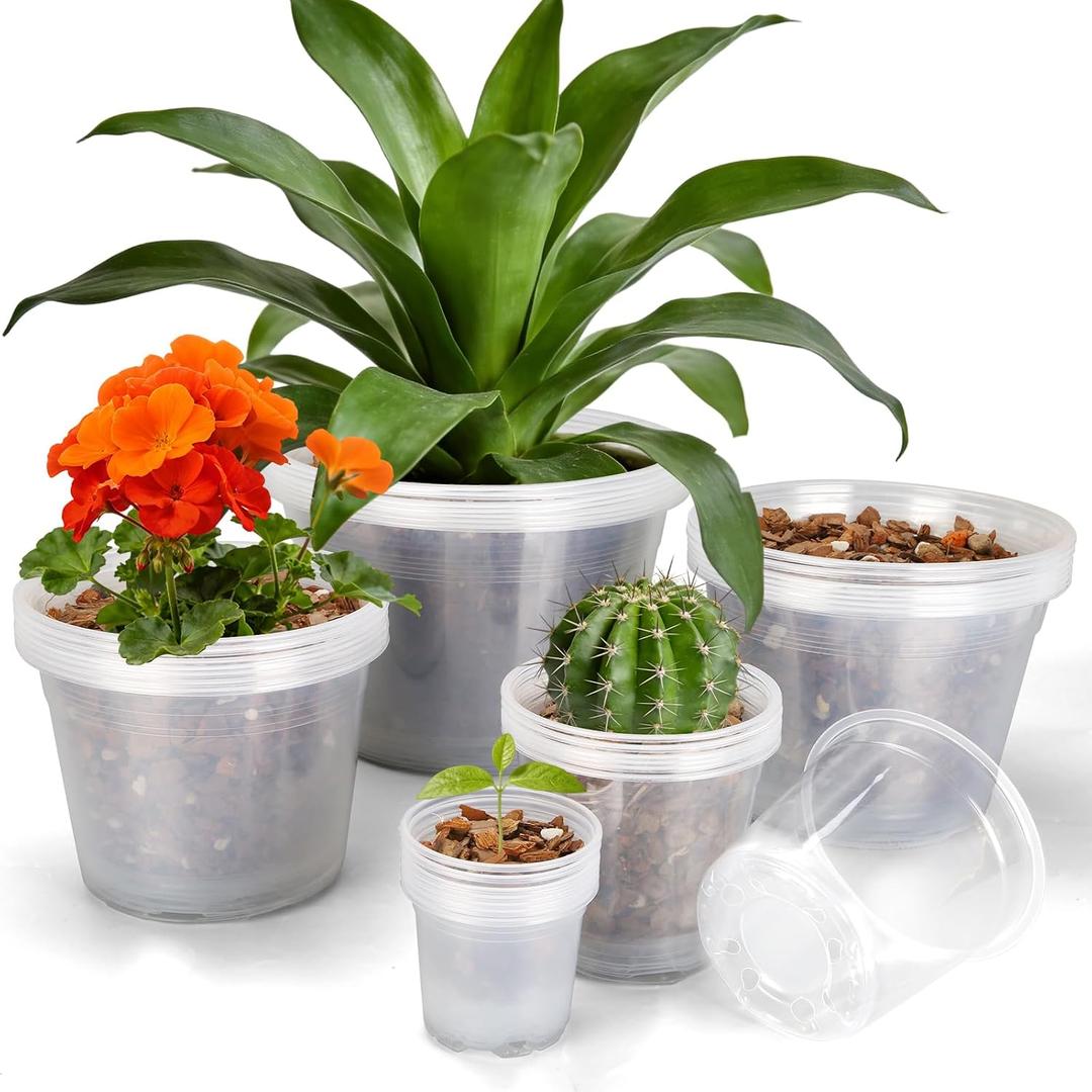 OUPSAUI 35 Pack 4/6/8/10/12 Inch Clear Nursery Pots with Drainage Hole, Clear Large Plastic Pots for Plants, Transparent Variety Seedling Planter for Vegetable Flowers Fruits, 4+6+8+10+12Inch*5PCS