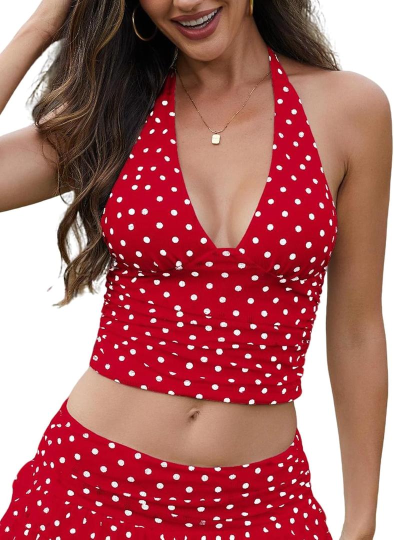 Women's Polka Dot Halter Top Y2k Crop V Neck Sexy Open Back Tie Up Tank Tops (XL)