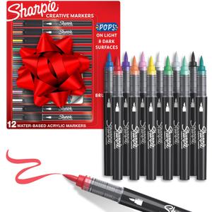 Sharpie Creative Markers, Water-Based Acrylic, Brush Tip, Assorted Colors, 12 Count  Arts & Crafts, Kids Activity, School Classroom; Works on Paper, Metal, Wood, Ceramic, Glass, Rock, Canvas