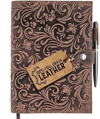 moonster Leather Journals for Women for Writing  Flower Journal, Refillable Leather Bound Journal  Vintage Leather Notebook Journal, 320 Lined Pages A5 with Metallic Grey and Rose Gold Luxury Pen