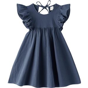 Dutebare Toddler Baby Girl Dress Cotton Linen Ruffle Halter Sleeveless Dresses Kids Summer Sundress (Blue)