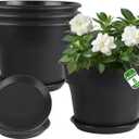Myfeegoin 8-inch-Plant-Pots-Indoor-Outdoor, 4 Pack Plastic Planters with Drainage Holes & Saucers, Resin Flower Pots with Trays, Classic Garden Pot Container for House (Black)