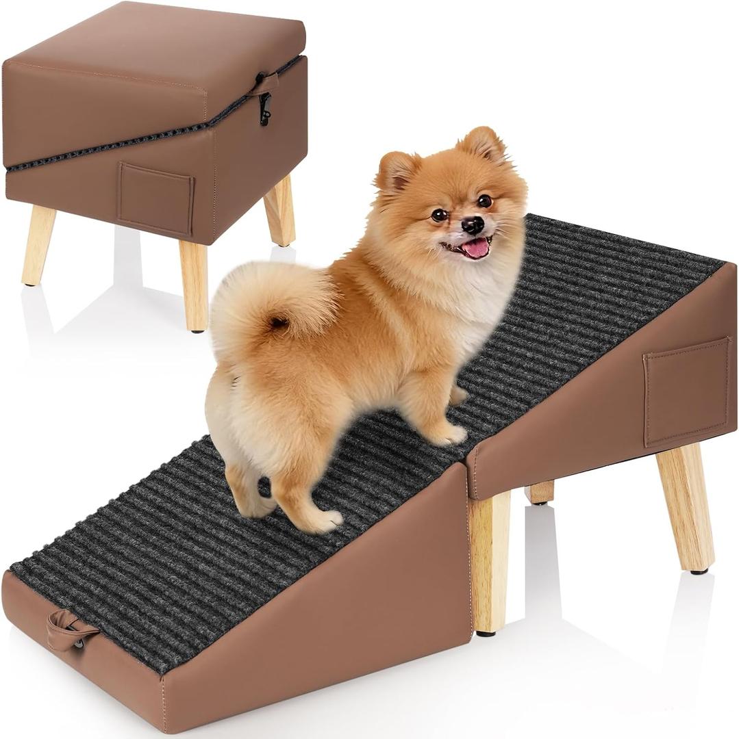 Ottoman Dog Ramp for Couch, 2-in-1 Foldable Dog Stairs for Small Dogs,Brown