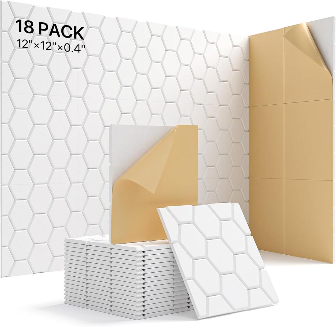 Soundproof Wall Panels, Kuchoow Acoustic Panels Sound Absorbing, 18 Pack High Density Sound Proof Panels for Walls Self Adhesive, Honeycomb Design Sound Dampening Panels White 12"12"0.4"
