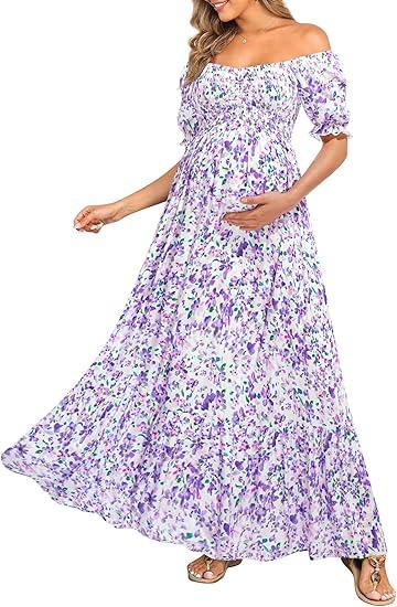 Maternity Dress Baby Shower - 2025 Photoshoot Pregnancy Summer Floral Maxi Off Shoulder Casual Dress, Large