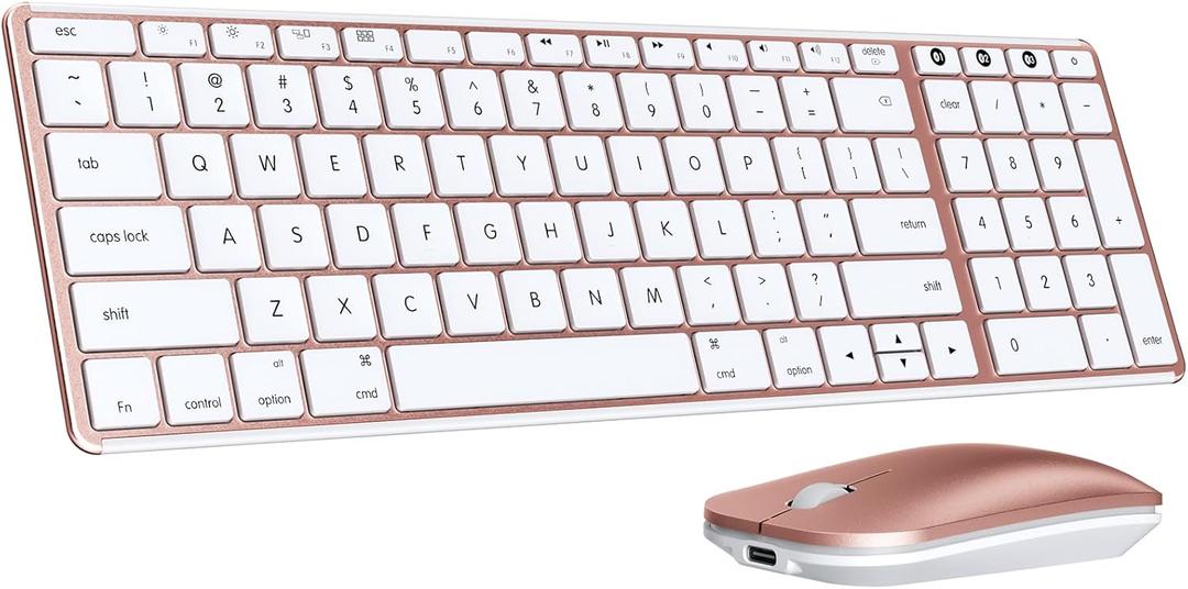 seenda Bluetooth Keyboard and Mouse for Mac, SKM64-2 Multi-Device Rechargeable Slim Wireless Keyboard Mouse Stainless Steel Full Size, Compatible with MacBook Pro/Air, iPad, Mac - White Rose Gold