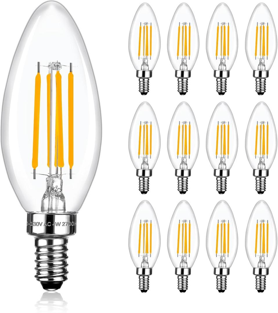 Brtstiun Dimmable E12 LED Bulb Candelabra Bulbs 40Watt Equivalent, 2700K Soft Warm White, 4W B11 Chandelier Light Bulbs, LED Candle Lamp for Bedroom, Kitchen, Ceiling Fan, 12 Pack