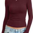 Womens Ribbed Cotton Long Sleeve Shirts Basic Crewneck Tee Fitted Going Out Tops Underscrub Fall Fashion 2026 (Medium, Wine Red)