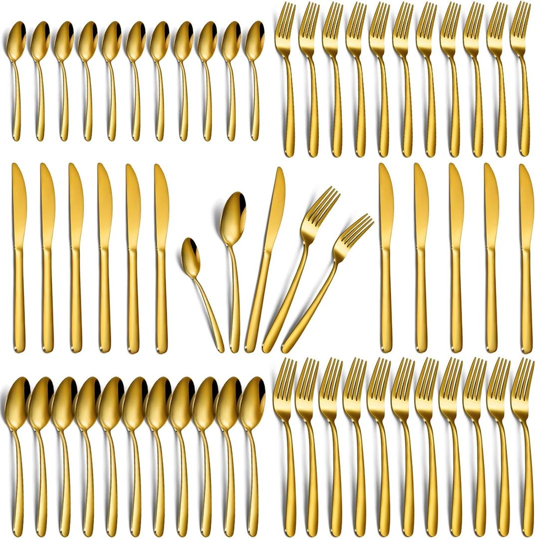 Hunnycook 60-Piece Gold Silverware Set - Stainless Steel Silverware Set for 12, Includes Forks Spoons and Knives, Utensil Sets for Home Kitchen Restaurant, Dishwasher Safe