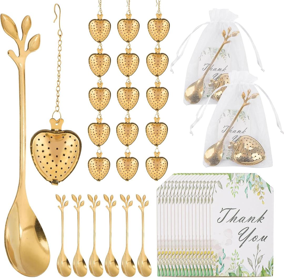 50 Sets Bridal Shower Tea Party Favor for Heart Shape Infuser Ball for Loose Guest Leaf Tea Spoon with Thank You Card Organza Bag Wedding Favors Tea Party Decorations Elegant Party Favors(Gold)