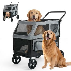 Large Dog Stroller for Medium & Large Dogs up to 350 lbs,Foldable Pet Wagon | Rear Ramp for Senior Dogs,Adjustable Handle,Washable Pad,All Terrain Wheels,Breathable Mesh Doors & Multiple Storage Pockets