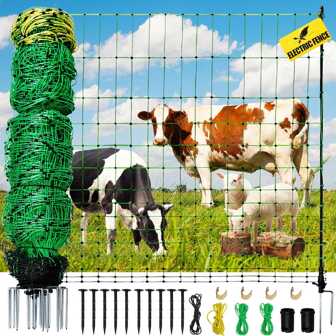 Electric Fence Netting, 42.6" H x 164'L Electric Anti-Predator Poultry Fence, PE Net Fencing Kit with 14 Posts Double Spiked, Movable Livestock Nets for Sheep, Hogs, Cattle and Other Poultry