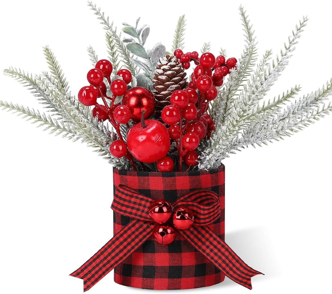 Valentines Day Decorations Valentine's Day Table Centerpieces Buffalo Check Plaid Artificial Tree Decor with Pine Cone Berry Gifts for Festival Winter Party Indoor Home Office Decor(Red)