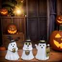 Resin Small White Ghost Figurines, 3PCS Ghosts with Witch Hats, Cute Ghost Statue for Spooky Halloween Decor, for Indoor Halloween Party Tabletop Home Shelf Decoration (Set of 3, White, Black and Gold)