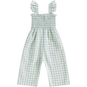 Infant Kids Summer Clothes Toddler Baby Girl Romper Jumpsuit Overall Pants Plaid Sleeveless Ruffle Halter One Piece Outfit (Green)
