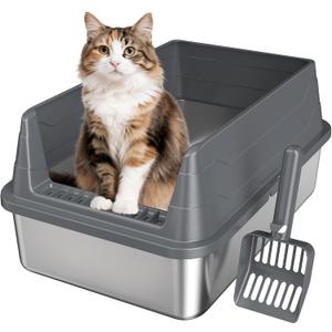 Stainless Steel Cat Litter Box, Odor Free Metal Litter Box with High Sides Lid, Open Top Low Entry Litter Pan Include Scoop Easy Cleaning Anti-Scratch Kitty Cat Box Anti-Urine Leakage, Non-Sticky