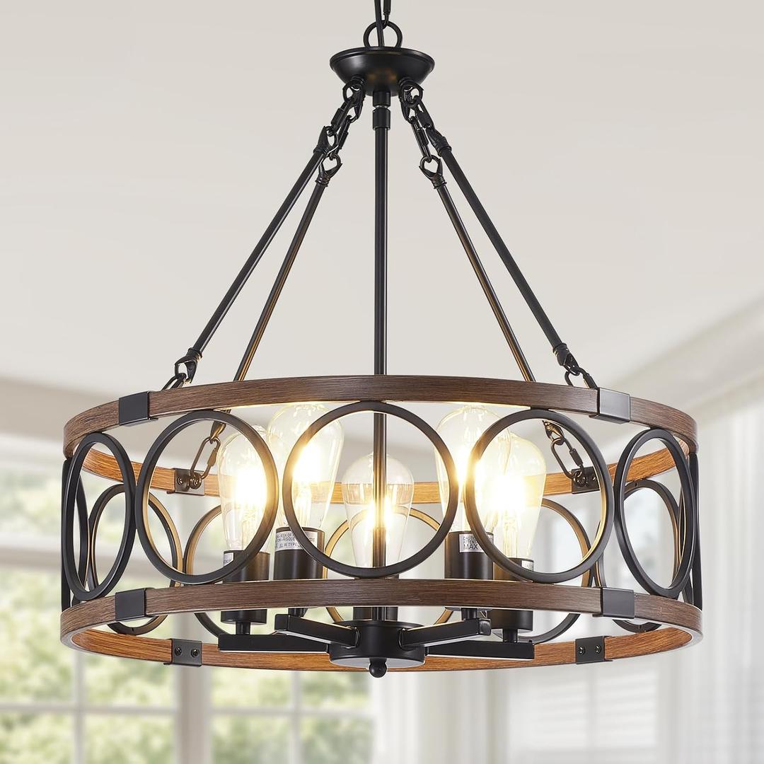 21" Dining Room Light Fixture/Chandelier Over Table, 5-Light Black & Wood Grain Farmhouse Chandeliers for Dining Room, Industrial Metal Hanging Pendant Lights Fixture for Kitchen Island Foyer Entryway