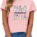 Hanukkah Shirt Women Bow Menorah Candles Hanukkah T-Shirt Jewish Menorah Chanukah Tee Tops (Pink, XXL)