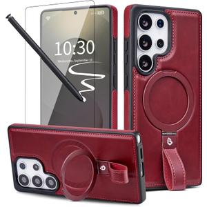 for Samsung Galaxy S25 Ultra Case Leather with Stand, Anti-Slip Shockproof Loop, Compatible with MagSafe, Magnetic Protective Galaxy S25 Ultra Leather Case (Burgundy, S25 Ultra-6.9inch)