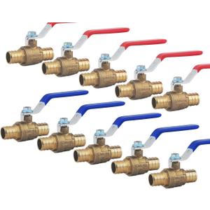 LD- 3/4" PEX Brass Ball Valve, 3/4-in PEX No Lead Brass Shut off Ball Valve with Red & Blue Long Lever Or T Handle,Pex Barb Water Valve with cUPC Certified for Cold and Hot water (10-Pack) (3/4-in L-Lever)