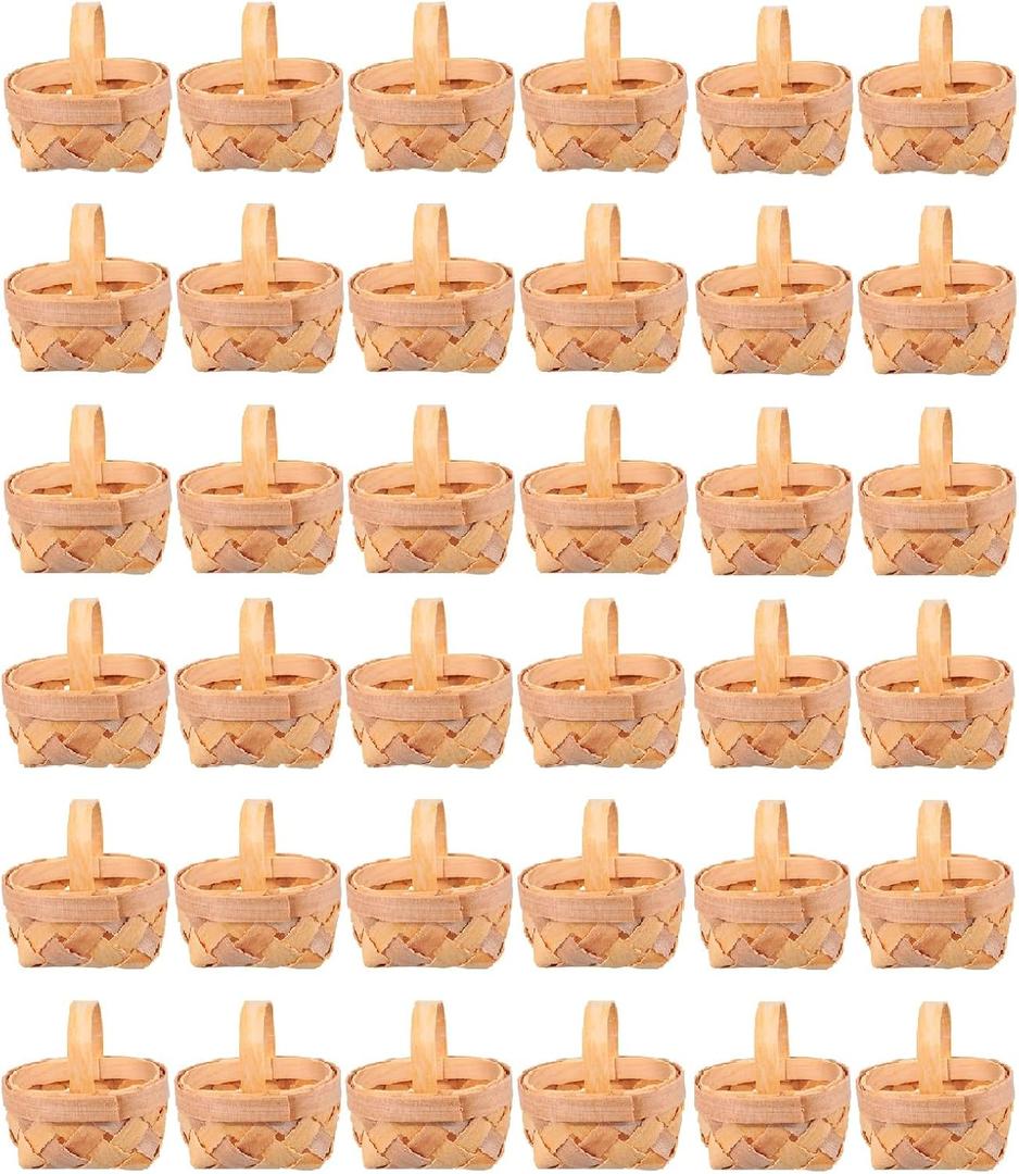 Cabilock 36pcs Mini Woven Baskets with Handles, Farmhouse Small Wood Wedding Candy Gift Storage Baskets for Wedding Party Favors Tree Hanging Ornaments Crafts