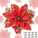 24 Pcs Christmas Artificial Poinsettia Flowers 5.9" Glitter Poinsettias Flowers with Clips for Christmas Tree DIY Xmas Wreath Party New Year Decor (Red)